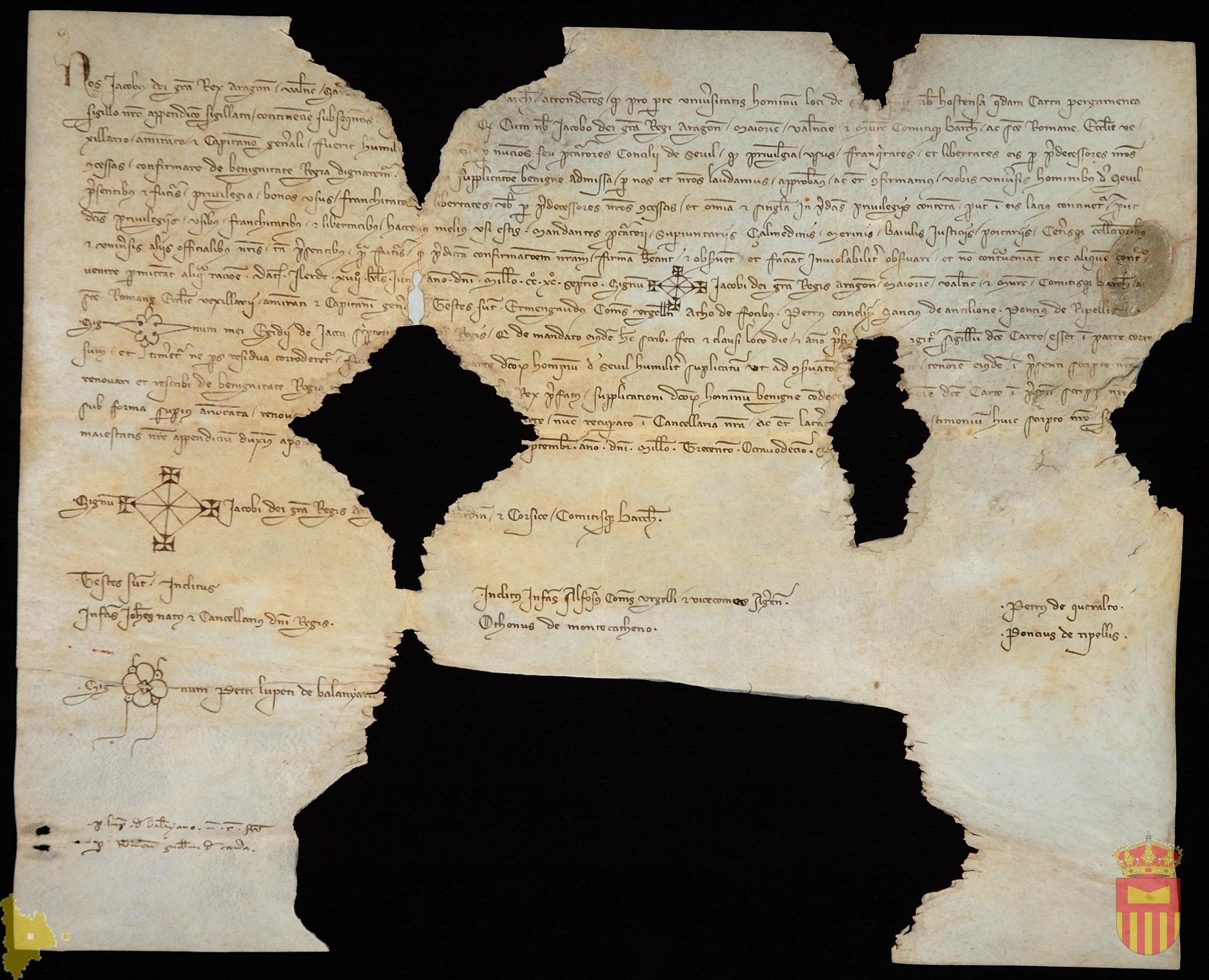 Jaime II confirma confirmación del privilegio otorgado por él mismo el 19 de mayo de 1297 en Lérida por el que se concede a los habitantes de Sevil las franquicias y libertades adquiridas por sus antepasados
